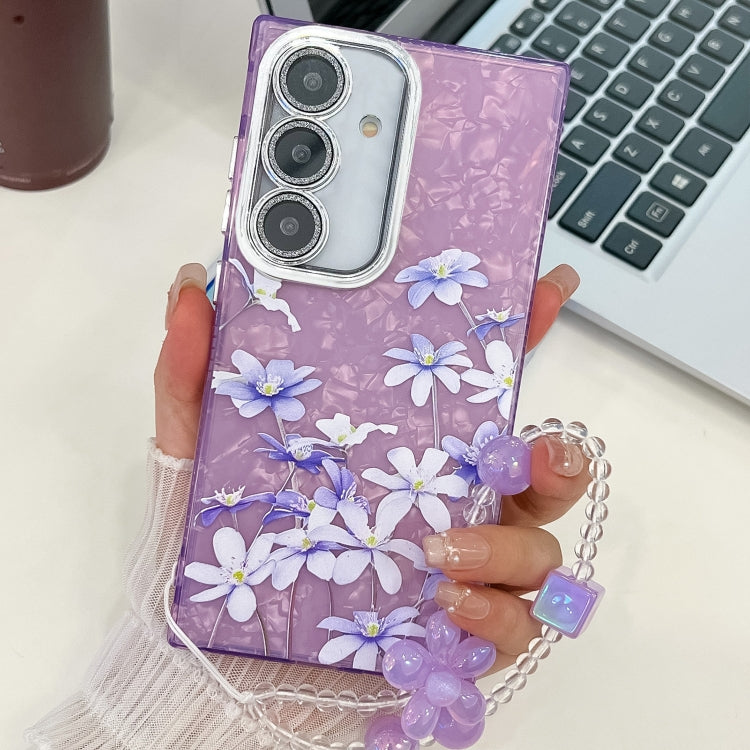 For Samsung Galaxy S25 5G Electroplating Flowers Plants Texture Wristband TPU Phone Case(Lilac Flowers FL16)