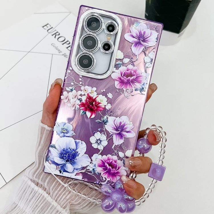 For Samsung Galaxy S25 Ultra 5G Electroplating Flowers Plants Texture Wristband TPU Phone Case(Purple Flowers FL1)