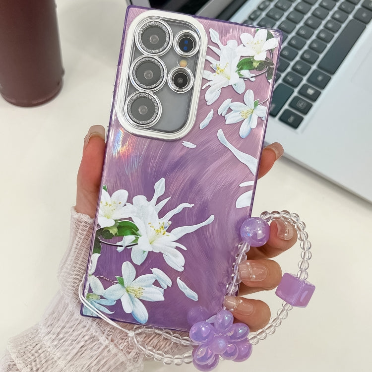 For Samsung Galaxy S25 Ultra 5G Electroplating Flowers Plants Texture Wristband TPU Phone Case(Gardenia FL15)