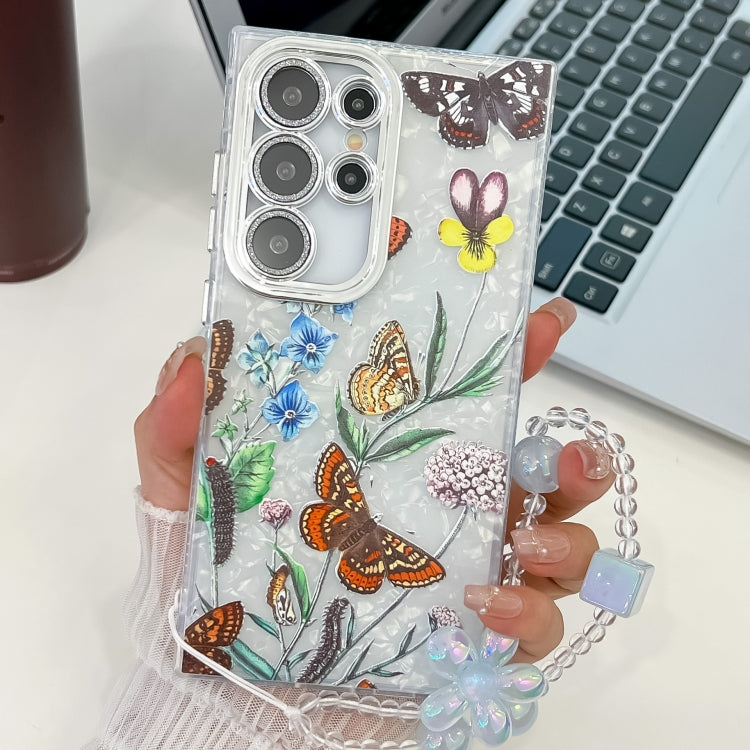 For Samsung Galaxy S25 Ultra 5G Electroplating Flowers Plants Texture Wristband TPU Phone Case(Butterfly Love Flower FL17)