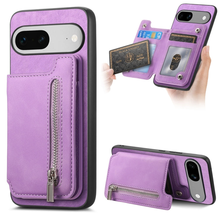 For Google Pixel 7a Retro MagSafe Zipper Wallet Card Bag Back Phone Case(Purple)