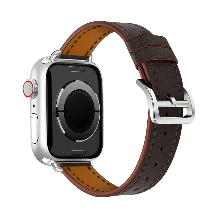 For Apple Watch 46mm / 49mm / 45mm / 44mm Classic Connector Buckle Slim Cow Real Leather Watch Band(Dark Brown)