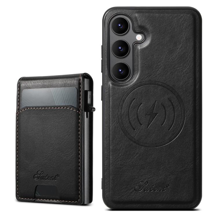 For Samsung Galaxy S25+ 5G Suteni H19 Oil Wax 2-in-1 MagSafe Removable Card Box Back Phone Case(Black)
