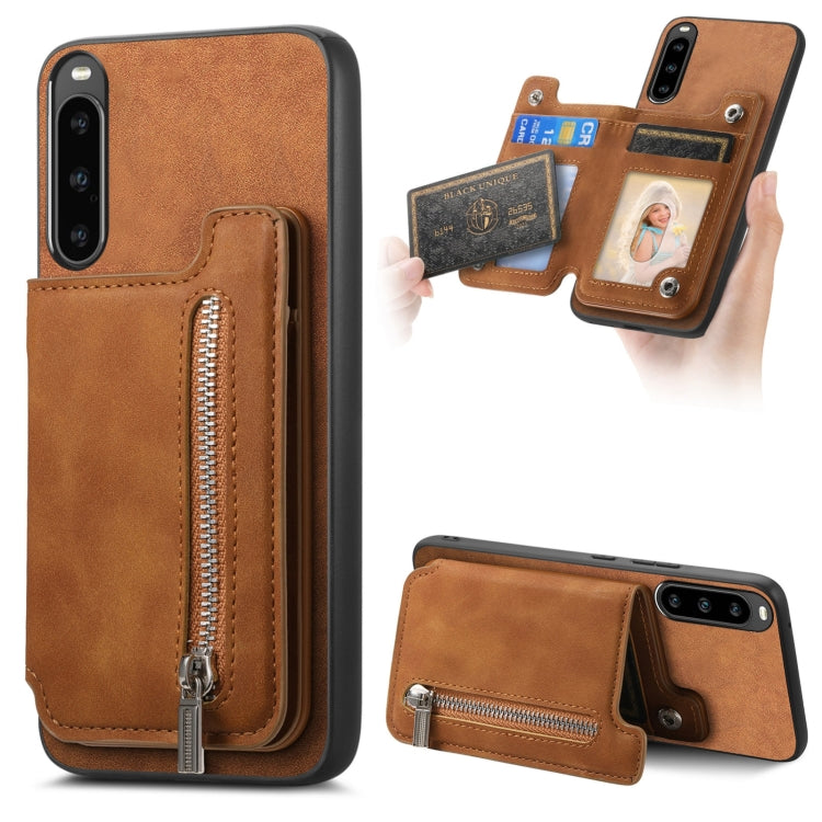 For Sony Xperia 10 V Retro MagSafe Zipper Wallet Card Bag Back Phone Case(Brown)