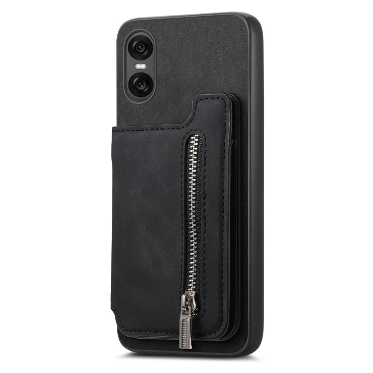 For Sony Xperia 10 V Retro MagSafe Zipper Wallet Card Bag Back Phone Case(Black)