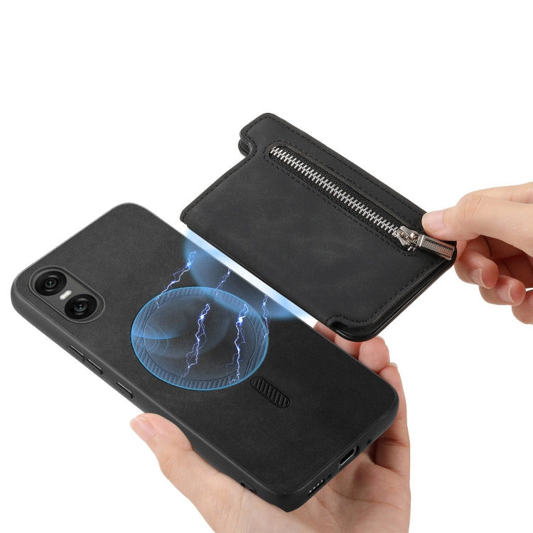 For Sony Xperia 10 V Retro MagSafe Zipper Wallet Card Bag Back Phone Case(Black)