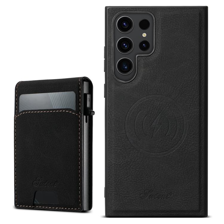 For Samsung Galaxy S25 Ultra 5G Suteni H19 Litchi Texture 2-in-1 MagSafe Removable Card Case Back Phone Case(Black)