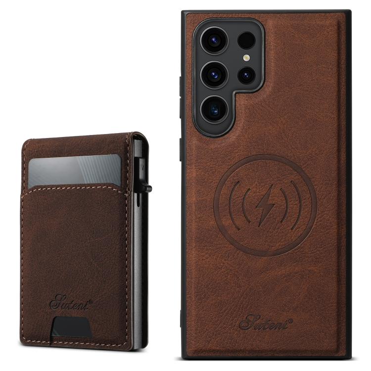 For Samsung Galaxy S25 Ultra 5G Suteni H19 Litchi Texture 2-in-1 MagSafe Removable Card Case Back Phone Case(Brown)