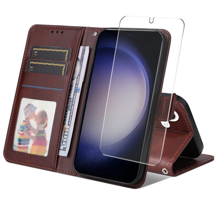 For Samsung Galaxy S25+ 5G ENKAY Card Wallet Calf Texture Leather Phone Case with Screen Film(Brown)