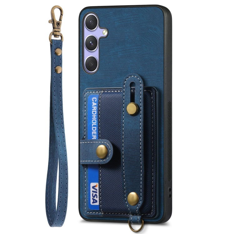 For Samsung Galaxy S25 5G Retro Cross Wristband Wallet Leather Back Phone Case(Blue)