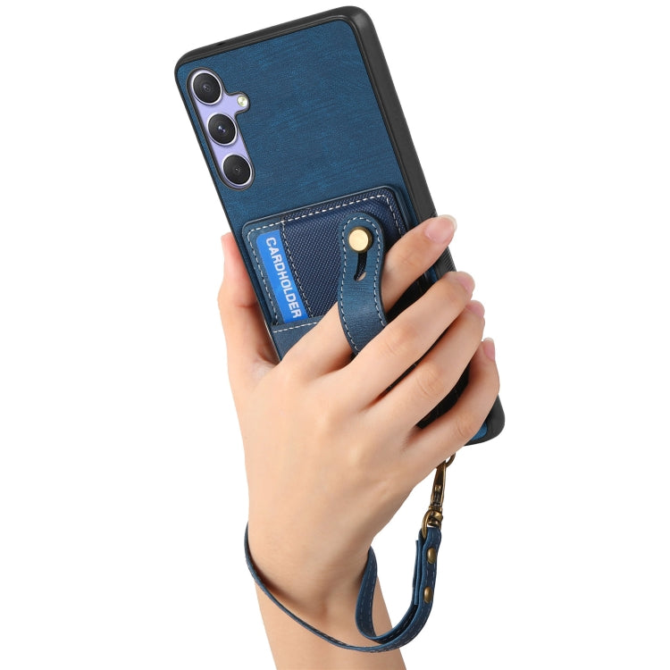 For Samsung Galaxy S25 5G Retro Cross Wristband Wallet Leather Back Phone Case(Blue)