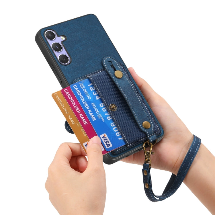 For Samsung Galaxy S25 5G Retro Cross Wristband Wallet Leather Back Phone Case(Blue)