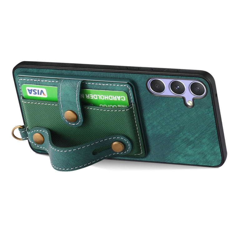 For Samsung Galaxy S25+ 5G Retro Cross Wristband Wallet Leather Back Phone Case(Green)