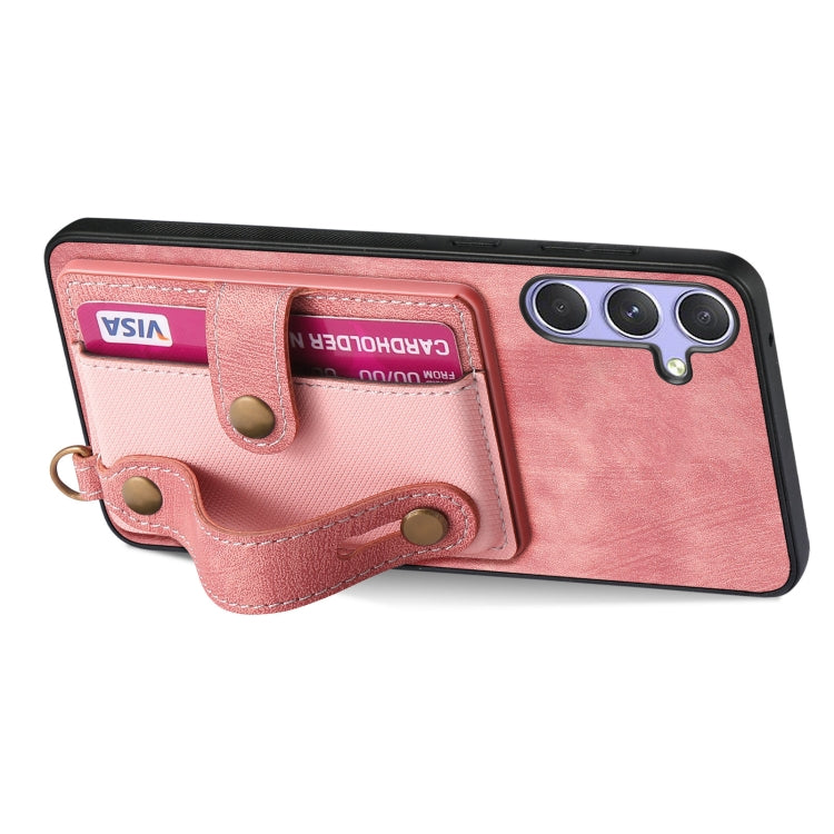 For Samsung Galaxy S25 Ultra 5G Retro Cross Wristband Wallet Leather Back Phone Case(Pink)