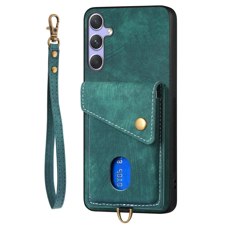 For Samsung Galaxy S25 5G Retro Card Wallet Fold Leather Phone Case with Strap(Green)