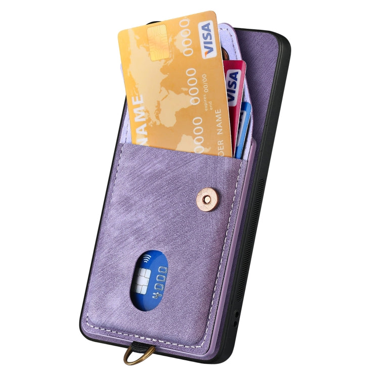 For Samsung Galaxy S25 5G Retro Card Wallet Fold Leather Phone Case with Strap(Purple)