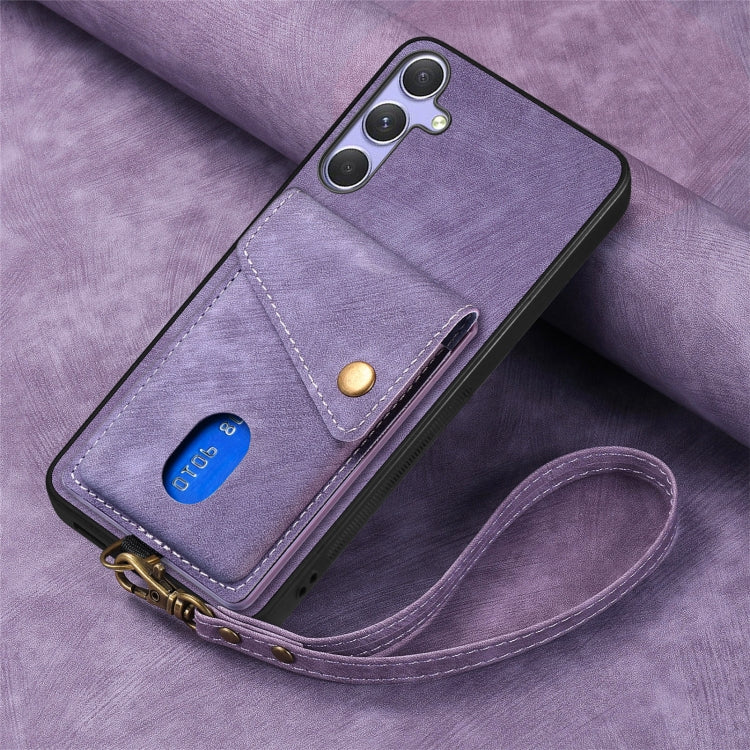 For Samsung Galaxy S25 5G Retro Card Wallet Fold Leather Phone Case with Strap(Purple)