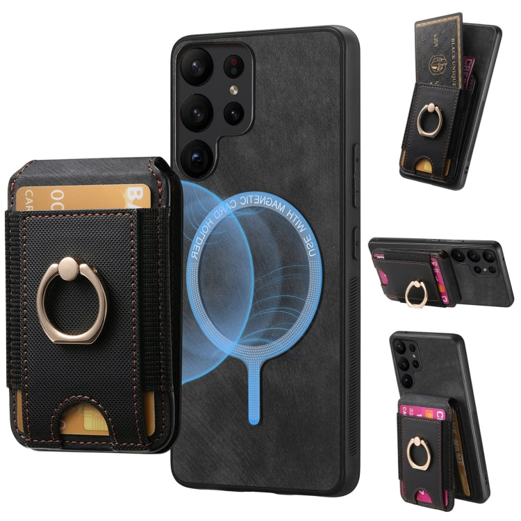 For Samsung Galaxy S25 Ultra 5G Retro Splitable Magnetic Stand Card Bag Leather Phone Case(Black)