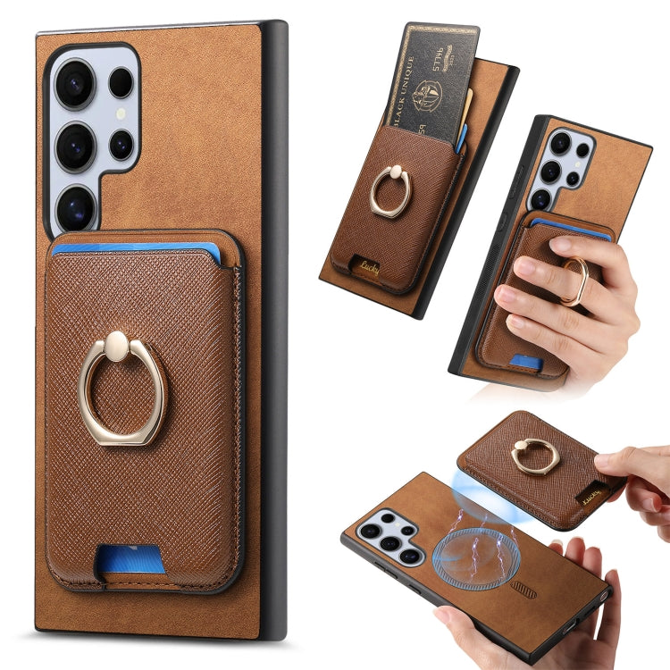 For Samsung Galaxy S25 Ultra 5G Retro Cross Leather Ring Vertical Insert Card Bag MagSafe Phone Case(Brown)