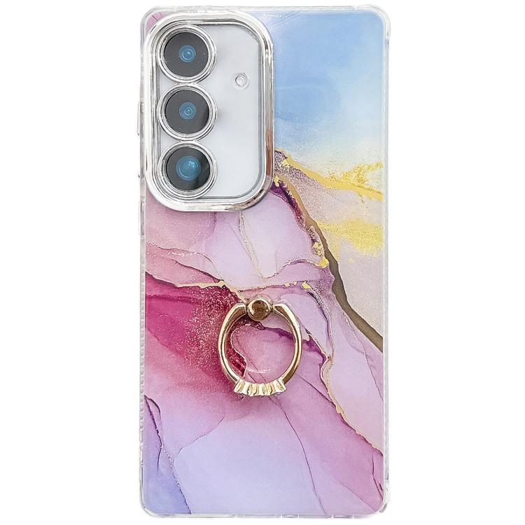 For Samsung Galaxy S25 5G Electroplated Marble Texture Ring Holder Phone Case(Gold Pink Red S12)