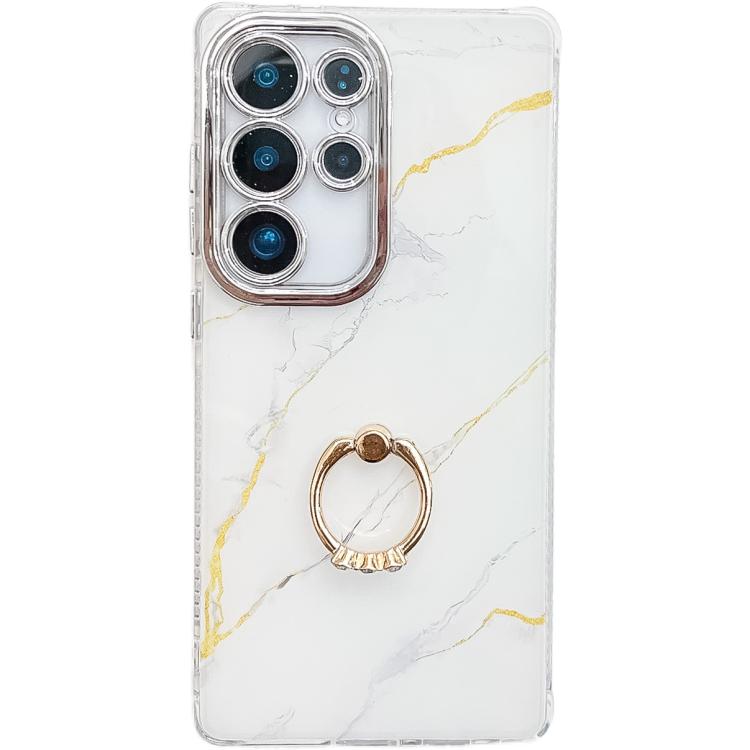 For Samsung Galaxy S25 Ultra 5G Electroplated Marble Texture Ring Holder Phone Case(Gold White S1)