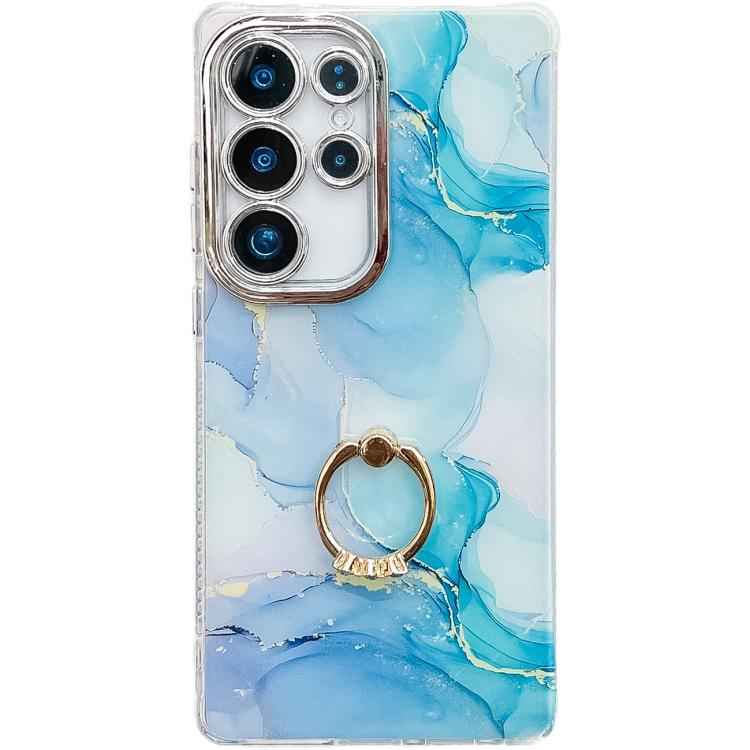 For Samsung Galaxy S25 Ultra 5G Electroplated Marble Texture Ring Holder Phone Case(Blue Green S9)