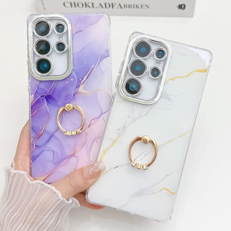 For Samsung Galaxy S25 Ultra 5G Electroplated Marble Texture Ring Holder Phone Case(Gold White S1)