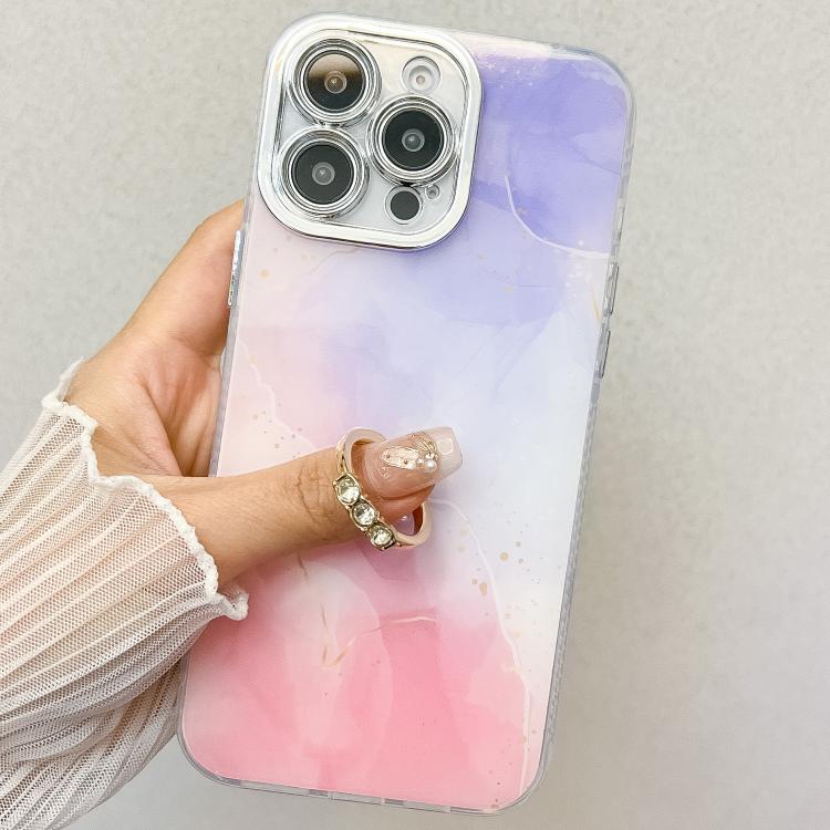 For iPhone 16e Electroplated Marble Texture Ring Holder Phone Case(White S8)