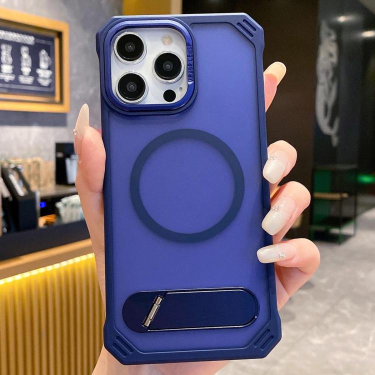 For iPhone 13 Pro Max Skin Feel Frameless MagSafe PC Phone Case with Fold Holder(Blue)