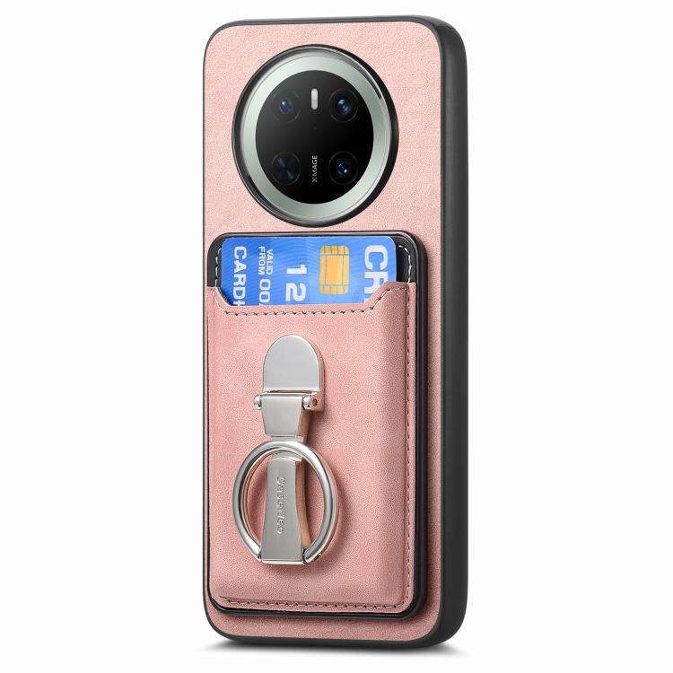 For Huawei Mate 70 Pro Retro Folding Ring Holder Card Bag MagSafe Phone Case(Pink)