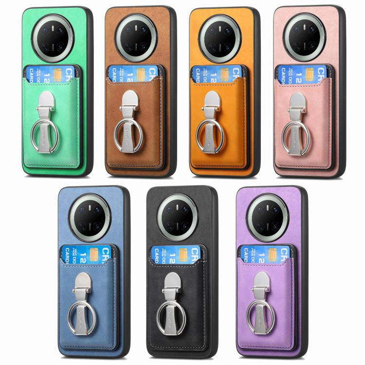 For Huawei Mate 70 Retro Folding Ring Holder Card Bag MagSafe Phone Case(Purple)