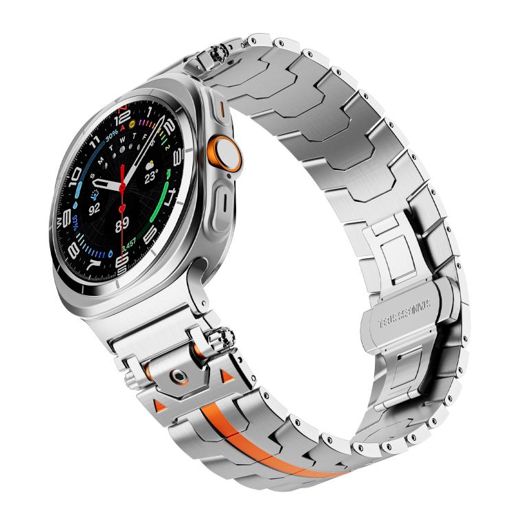For Samsung Galaxy Watch 7 Ultra 47mm Stainless Steel Butterfly Buckle Metal Watch Band(Silver Orange)