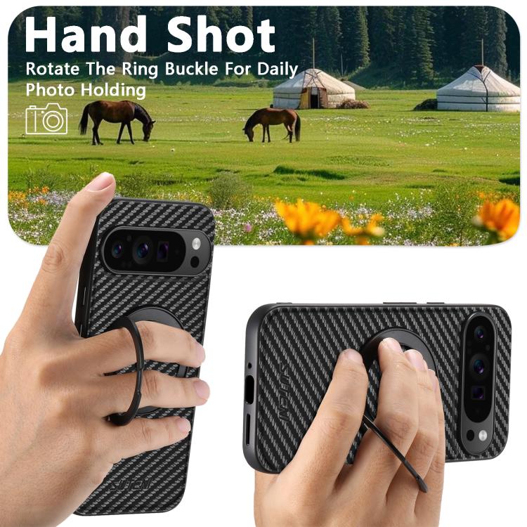 For Google Pixel 7a Suteni G3 Carbon Fiber Leather 360 Rotation Holder MagSafe Phone Case(Black) - Google Cases by Suteni | Online Shopping South Africa | PMC TechLife | Buy Now Pay Later Mobicred