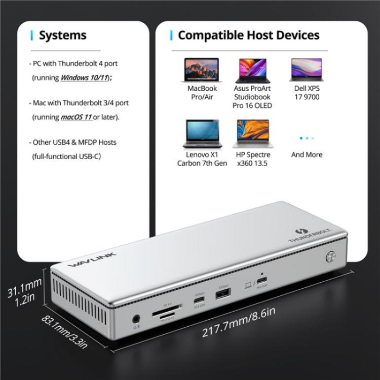 WAVLINK UTD45 96W Charging 8K / 4K Display Thunderbolt 4 Docking Station 13-in-1 Hub(US Plug) - free shipping - PMC Jewellery - Order now!