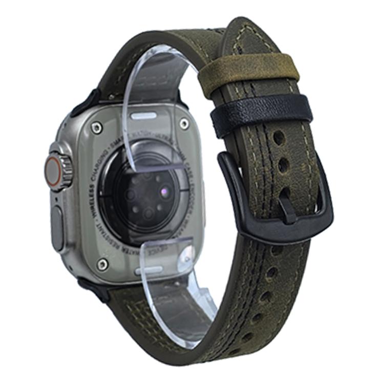For Apple Watch 42mm / 41mm / 40mm / 38mm 7-Line Tri-Star Buckle Pull Up Leather Watch Band(Crazy Horse Army Green Black Thread)