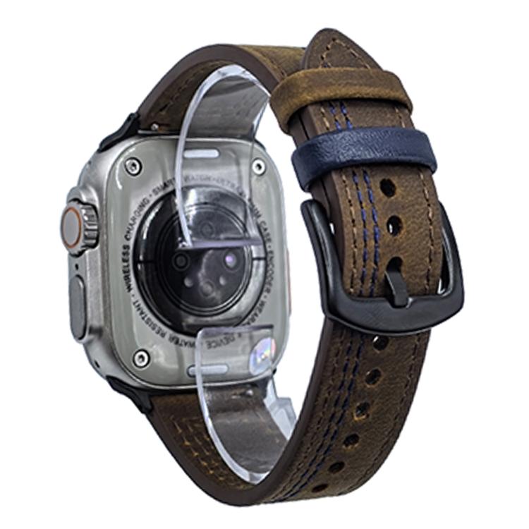 For Apple Watch 42mm / 41mm / 40mm / 38mm 7-Line Tri-Star Buckle Pull Up Leather Watch Band(Crazy Horse Dark Brown Blue Thread)