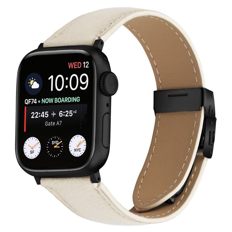 For Apple Watch 42mm / 41mm / 40mm / 38mm Lychee Texture Black Turtle Back Buckle Leather Watch Band(Creamy White)