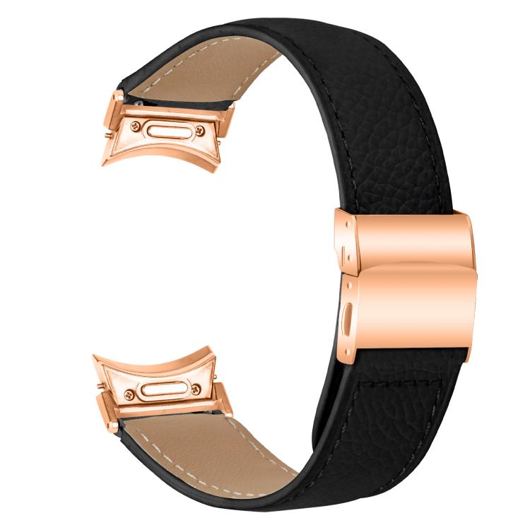 For Samsung Galaxy Watch 7 40 / 44mm Quick Release Lychee Texture Rose Gold Turtle Back Buckle Leather Watch Band(Black)