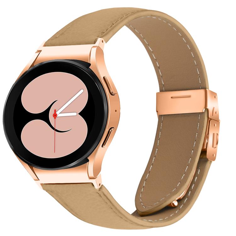 For Samsung Galaxy Watch 7 40 / 44mm Quick Release Lychee Texture Rose Gold Turtle Back Buckle Leather Watch Band(Camel)