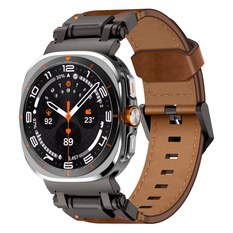 For Samsung Galaxy Watch Ultra 47mm / Ultra 2025 Explorer Stainless Steel Head Leather Watch Band(Black Crazy Horse)
