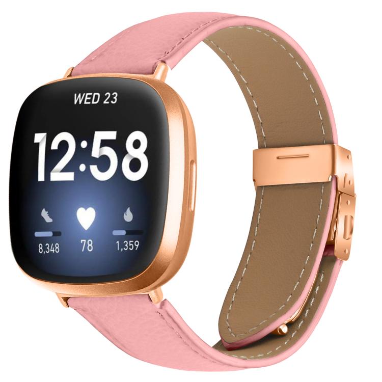 For Fitbit Versa 3 / 4 Lychee Texture Rose Gold Turtle Back Buckle Leather Watch Band(Pink)
