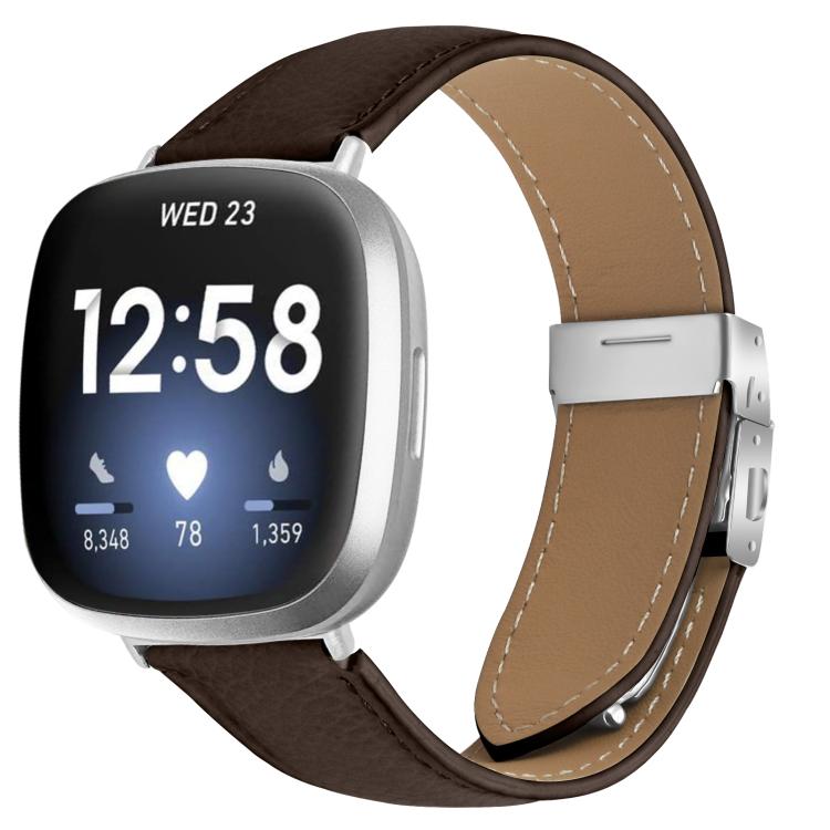 For Fitbit Versa 3 / 4 Lychee Texture Silver Turtle Back Buckle Leather Watch Band(Coffee Color)