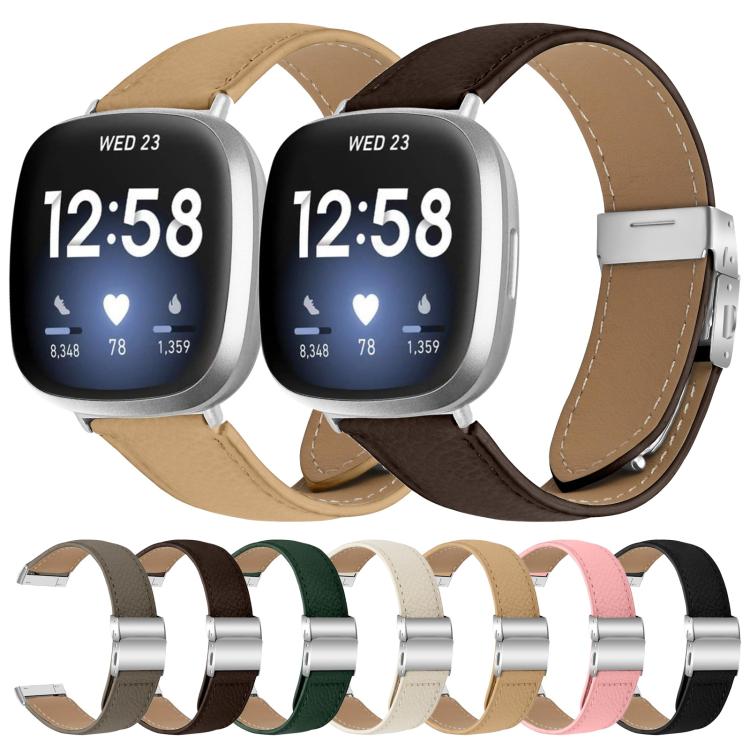 For Fitbit Versa 3 / 4 Lychee Texture Silver Turtle Back Buckle Leather Watch Band(Creamy White) - free shipping - PMC TechLife - Order now!