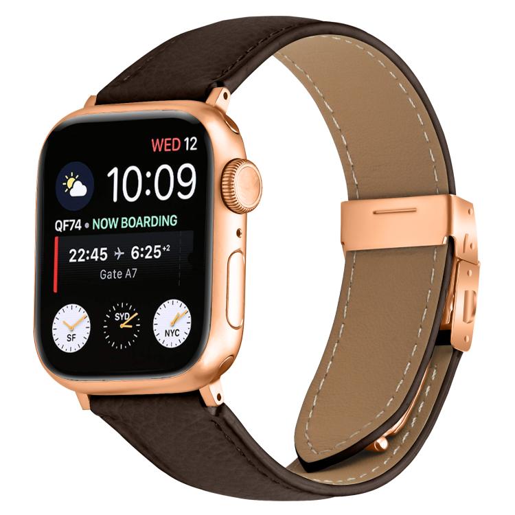 For Apple Watch 46mm / 49mm / 45mm / 44mm Lychee Texture Rose Gold Turtle Back Buckle Leather Watch Band(Coffee Color)