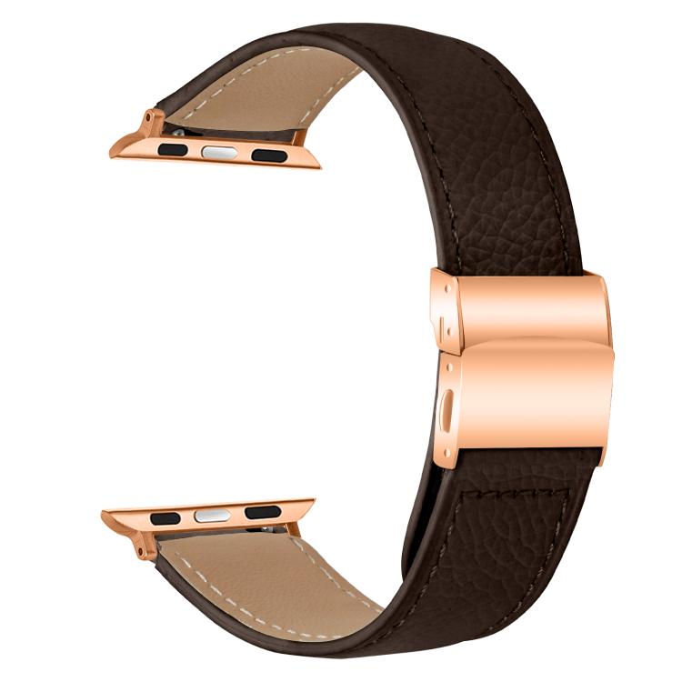 For Apple Watch 46mm / 49mm / 45mm / 44mm Lychee Texture Rose Gold Turtle Back Buckle Leather Watch Band(Coffee Color)