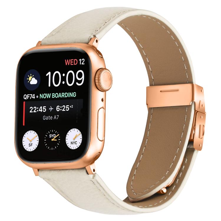 For Apple Watch 46mm / 49mm / 45mm / 44mm Lychee Texture Rose Gold Turtle Back Buckle Leather Watch Band(Creamy White)