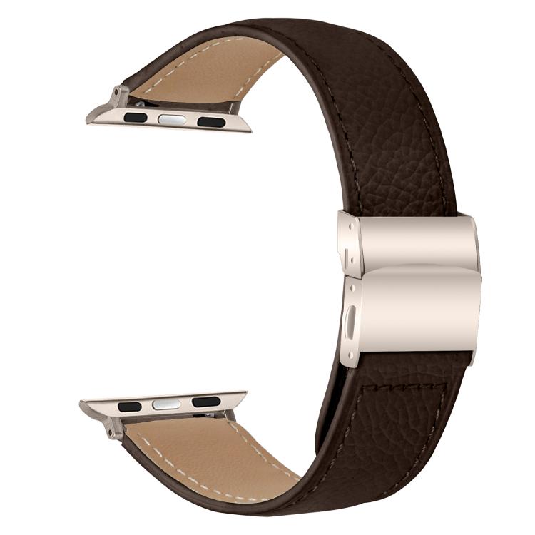 For Apple Watch 42mm / 41mm / 40mm / 38mm Lychee Texture Starlight Turtle Back Buckle Leather Watch Band(Coffee Color)