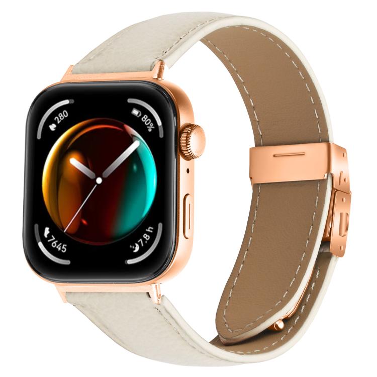 For Huawei Watch Fit 4 / Fit 4 Pro / Fit 3 Lychee Texture Rose Gold Turtle Back Buckle Leather Watch Band(Creamy White)