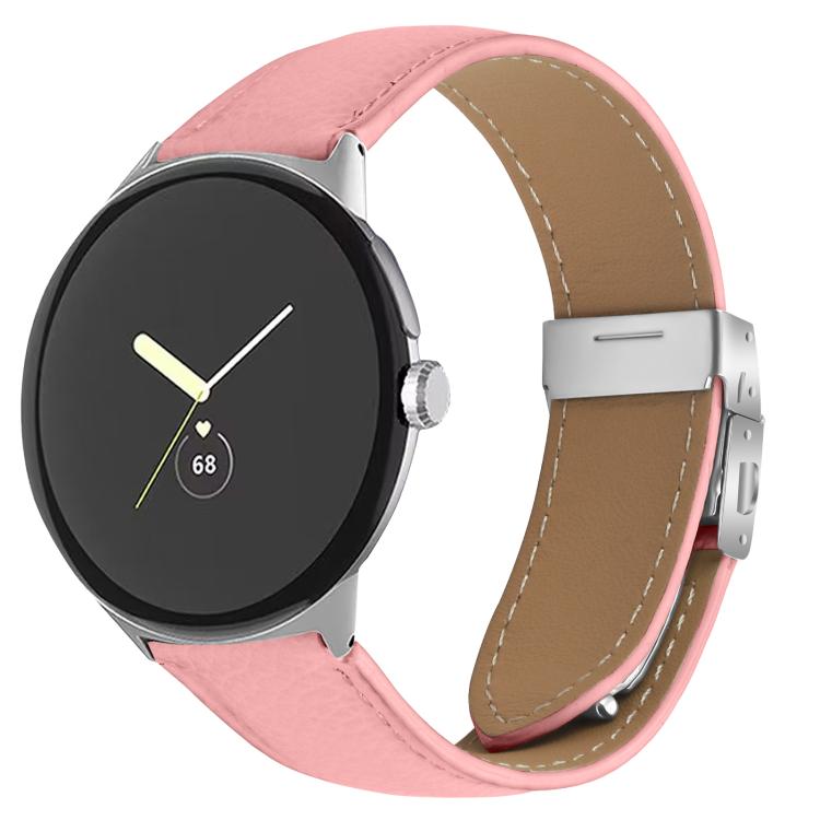 For Google Pixel Watch / Watch 2 / 3 41mm Lychee Texture Silver Turtle Back Buckle Leather Watch Band(Pink)