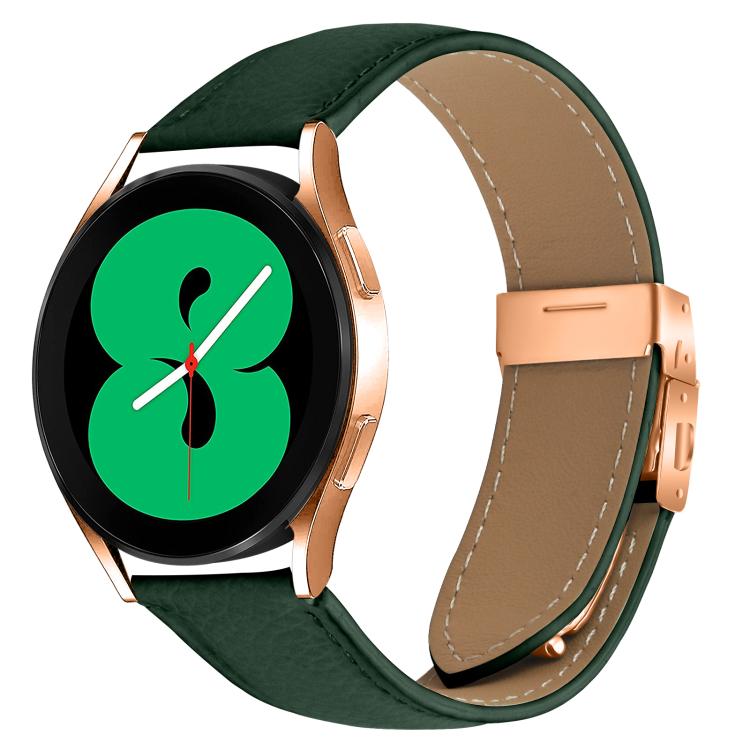 20mm Lychee Texture Rose Gold Turtle Back Buckle Leather Watch Band(Green)